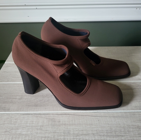 Via Spiga Square Toe 4" High Heel Stacked Brown Stretch Office Career Y2K New - Picture 1 of 8